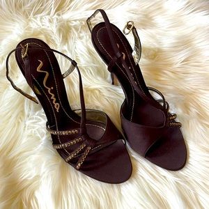 New with Box Nina Brown Strappy Satin Dress Sandals with Gemstone Detail